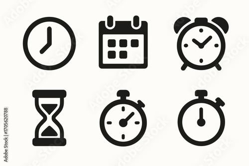 Time and Clock Icons Set – Timer, Stopwatch, Calendar, Alarm, Hourglass Symbols