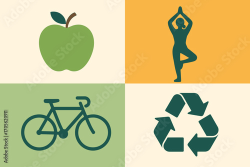 Healthy Lifestyle and Sustainability Icons – Fitness, Recycling, Cycling, and Organic Food