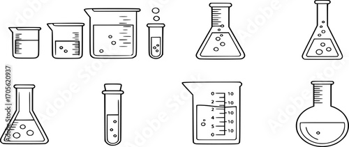 Science Laboratory Equipment Icon Set. Pharmacy lab glassware, beakers, test tubes, glass, and flask outline vectors illustration