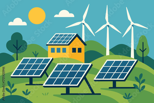 Solar and Wind Energy for Sustainable Home – Eco Power Illustration