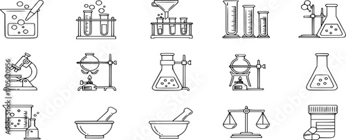 Science Laboratory Equipment Icon Set. Pharmacy lab glassware, beakers, test tubes, glass, and flask outline vectors illustration