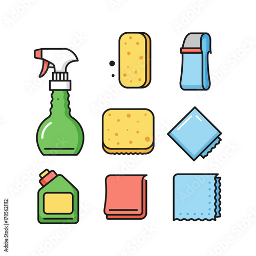 Cleaning supplies icons spray bottle sponges cloths for wiping surfaces in domestic tasks and spring cleaning vector illustration on white
