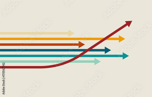 Business growth concept illustration with multiple colorful arrows moving forward, one red arrow rising upward as a symbol of leadership, progress, and success.
