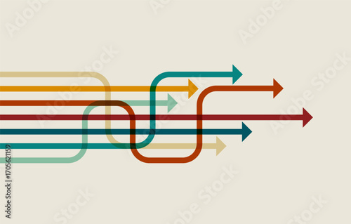 Business growth concept illustration with multiple colorful arrows moving forward, one red arrow rising upward as a symbol of leadership, progress, and success.