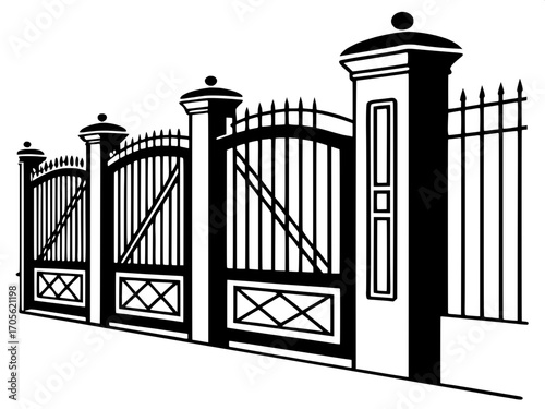 “Minimalist architectural illustration of twelve property gates in silhouette, each with different structural details, arched tops, and geometric designs, arranged in balanced alignment, dark gray fla