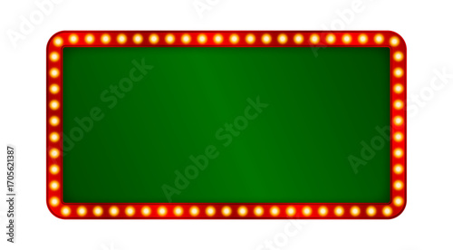 bright green blank light-up banner border red with a bright gold light bulb frame in a vintage style is perfect for use as a striking space for messages, advertisements, or presentations.