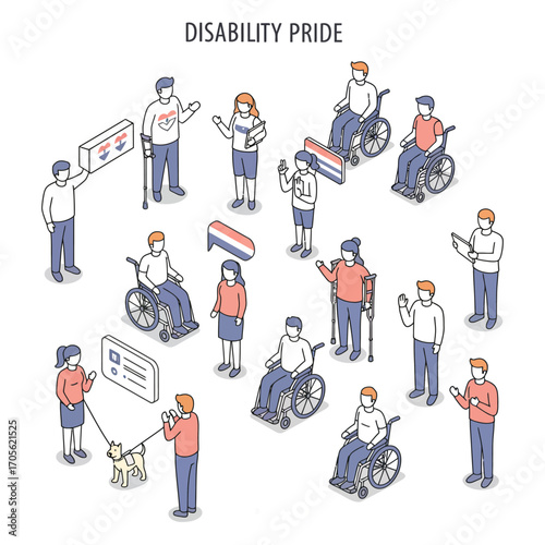 disability pride isometric diverse group celebrates inclusion representing disability awareness perfect for advocacy campaigns and inclusive marketing.