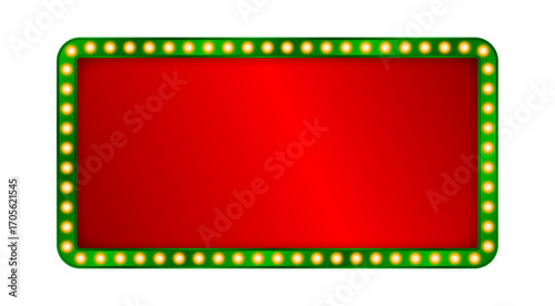 bright red blank light-up banner border green with a bright gold light bulb frame in a vintage style is perfect for use as a striking space for messages, advertisements, or presentations.