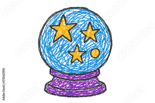 Crystal ball with stars hand drawn by child with pencil and crayon for fortune telling and Halloween magic illustration - spooky mystic object