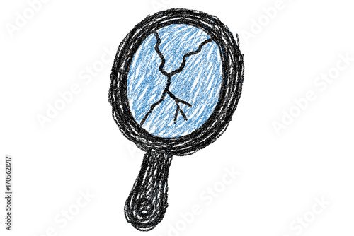 Broken magnifying glass hand drawn in pencil and crayon for Halloween mystery theme - detective cartoon prop for kids
