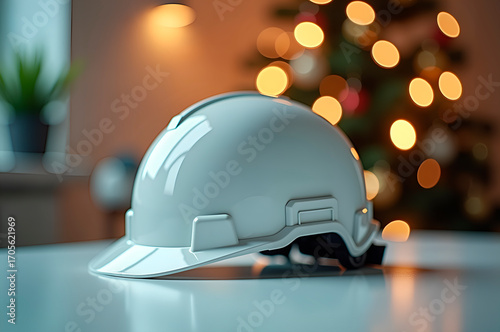 Construction Hard Hat with Holiday Bokeh Background - Festive Sa