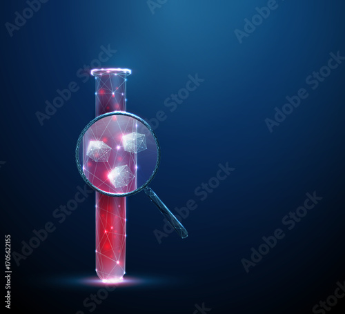3d test tube with blood and magnifying glass with sugar cubes inside. Blood analysis, glucose monitoring, diabetes test, disease prevention concept.