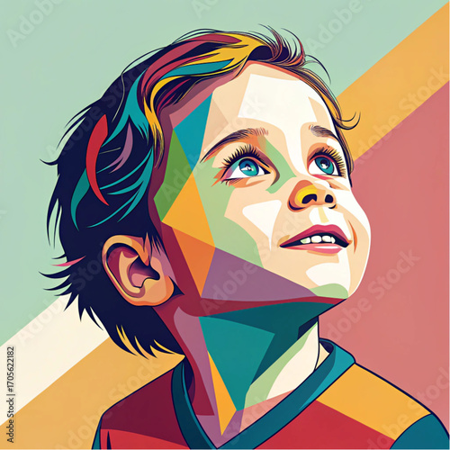 Colorful pop art portrait of a young boy looking upwards