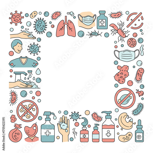 hygiene frame with virus and bacteria healthcare border with germs soap sanitizer and protective mask illustrating health and disease prevention