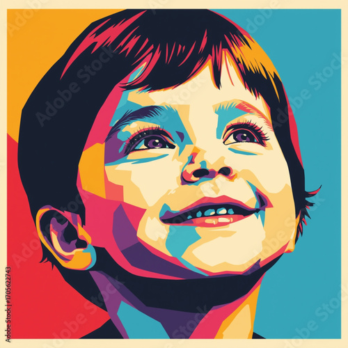 Vibrant pop art portrait of a joyful young boy looking up