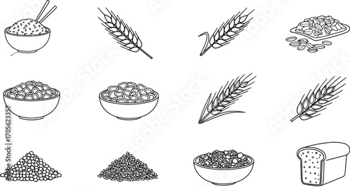 Line art illustration of various grain and cereal products, showcasing different forms and textures of staple foods