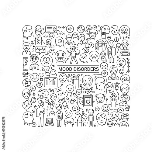 mood disorders illustration diverse mental health drawings expressing psychological distress perfect for mental health awareness campaigns and wellness resources.