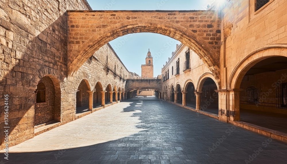 Fototapeta premium Charming Mediterranean Town Square with Historic Arches Under Clear Blue Sky and Vibrant Vibes