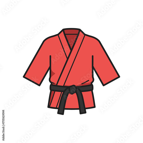 Red karate gi martial arts uniform with a black belt perfect for illustrating themes of discipline training and self-defense in sport promotions.