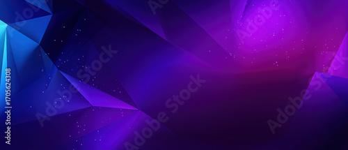 Low-poly geometric banner background with purple-to-blue gradient, glowing edges, grid overlay and particle dust texture
