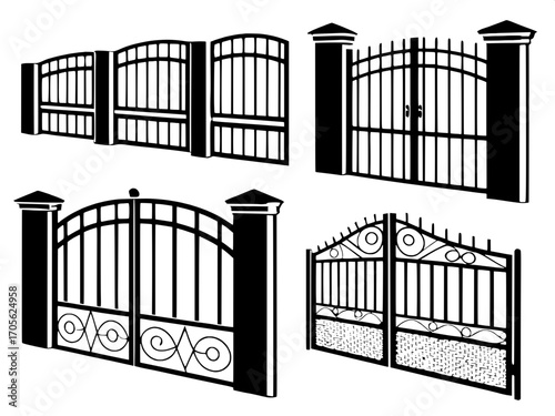 “Twelve industrial and residential gate designs shown as clean silhouettes, each featuring distinct shapes such as rounded arches, flat tops, and ornate ironwork, all gates solid dark gray against a w