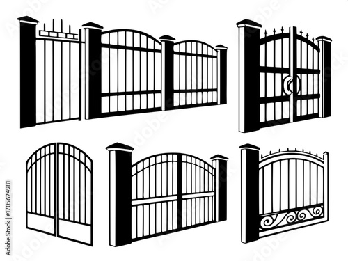 “Twelve industrial and residential gate designs shown as clean silhouettes, each featuring distinct shapes such as rounded arches, flat tops, and ornate ironwork, all gates solid dark gray against a w