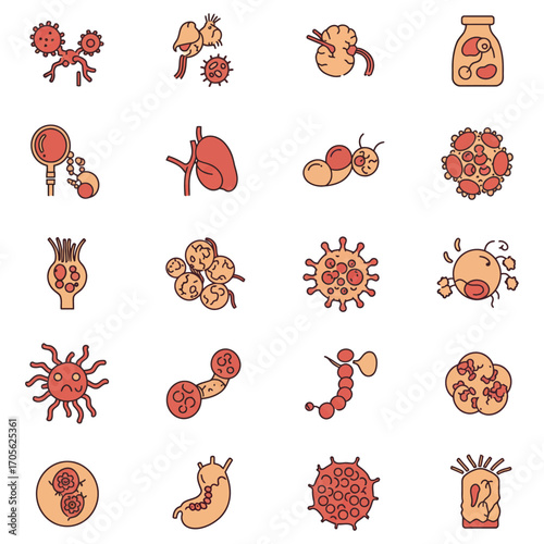 virus and bacteria infection icons displaying disease and illness transmission perfect for medical illustrations healthcare information and public health campaigns.