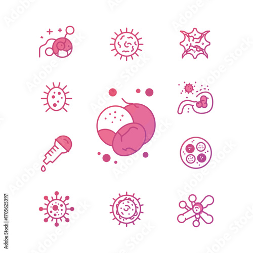 virus and cells illustration visualizing microbiology and cellular biology in a science diagram for medical articles and healthcare education promoting virology research.