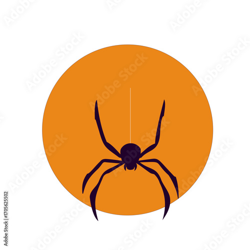 vector illustration Spider hanging from a thread illustration on orange background Halloween theme