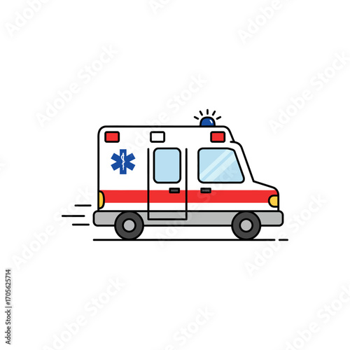 Ambulance speeding emergency vehicle responding to a call running fast on the road conveying urgency for medical assistance and healthcare needs.