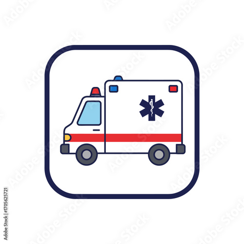 Ambulance vector illustration emergency vehicle graphic conveying medical urgency in a square frame suitable for healthcare and transportation concepts.