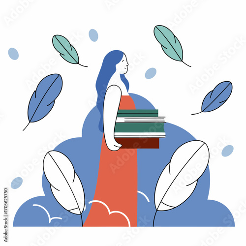 Illustration of the poetess, standing in profile, holding books, background with feathers