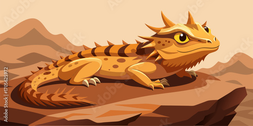 Illustration This image shows a lizard that appears to be enjoying the sun, also known as a "horned lizard", sunbathing on a rock.