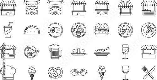 Food stall and menu item line art showcasing various food options and market stands in a clean, simple style design