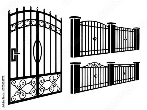 “A collection of twelve modern metal gates displayed in silhouette style, each with unique decorative patterns, arch shapes, and structural details, arranged evenly across a plain white background, mi