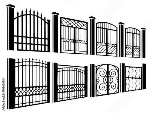 “A collection of twelve modern metal gates displayed in silhouette style, each with unique decorative patterns, arch shapes, and structural details, arranged evenly across a plain white background, mi