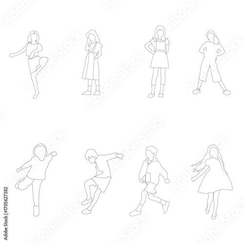 Set of 8 kids and teens - silhouettes and line art. Standing, dancing, running, and jumping.