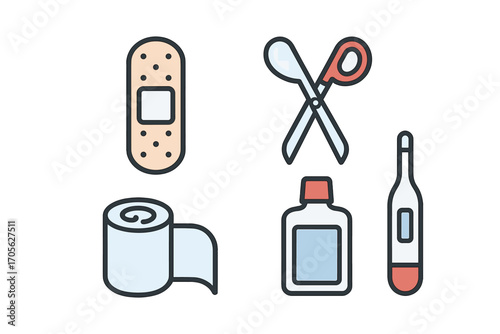 Medical first aid kit supplies including bandage, scissors, gauze roll, bottle, and thermometer