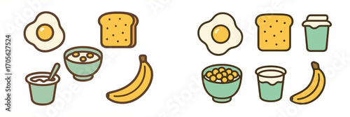 Flat icons of breakfast foods like fried egg, toast, cereal, yogurt, and banana