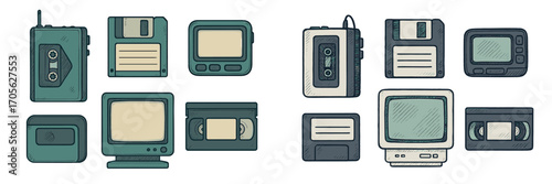 Retro technology devices: cassette players, floppy disks, CRT monitors