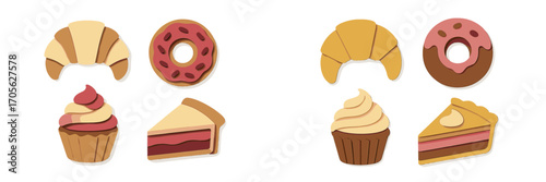 Sweet pastries assortment: croissants, donuts, cupcakes, pie slices