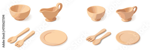 Peach ceramic tableware set with bowls, gravy boats, plates, and cutlery