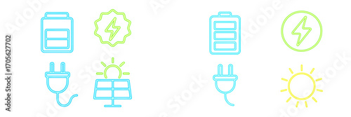 Neon icons for renewable energy sources and storage, including batteries, plugs, solar panels, and lightning