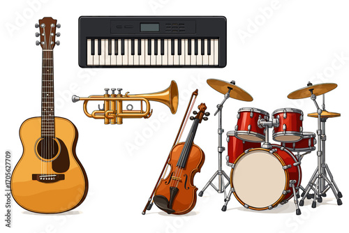 Assorted musical instruments: guitar, keyboard, trumpet, violin, drum set
