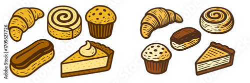 Assorted baked goods: croissants, eclairs, muffins, cinnamon rolls, pie slices