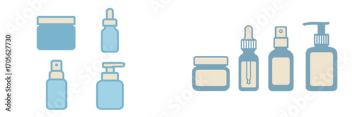 Cosmetic bottles and jars with droppers and pumps for skincare products