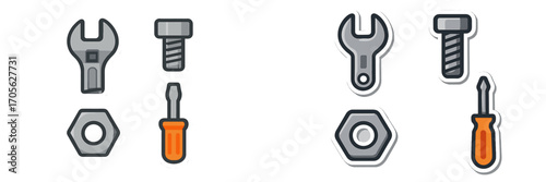 Assorted hand tools and hardware elements for construction and repair