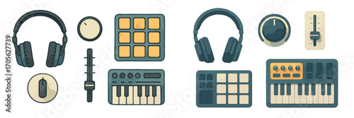 Collection of music production equipment including headphones, drum pads, keyboards, and controllers