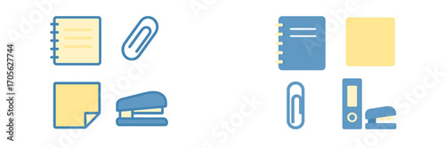 Office Supplies Icons: Notebooks, Paper Clips, Staplers, Sticky Notes