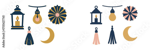 Decorative elements with lanterns, light bulbs, tassels, and crescent moons